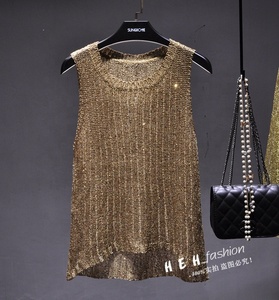 Camisole à paillettes sans manches à col rond avec franges, <span class=keywords><strong>haut</strong></span> en tricot pour femmes - Product Image 3