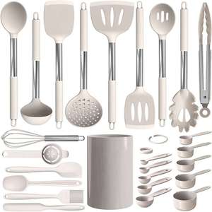 Ensemble d'ustensiles de cuisine en silicone blanc avec manche en acier inoxydable, spatule, cuillère, fouet, outils de cuisson et de pâtisserie avec support de rangement - Product Image 1
