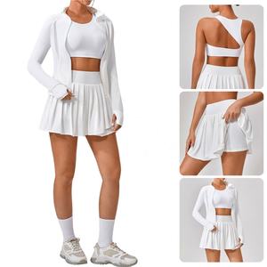 علامة خاصة النساء 3 قطع ملابس تنس مجموعة غير متناظرة الظهر الرياضة حمالة الصدر تنورة مطوي مع جيوب Activewear سترة - Product Image 3