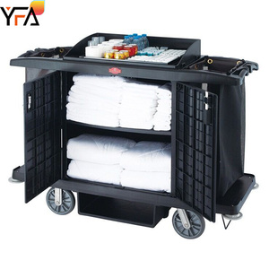 Chariot de nettoyage conciergerie en plastique d'hôtel de haute qualité avec porte chariot de ménage commercial chariot de <span class=keywords><strong>service</strong></span> de chambre sur roues