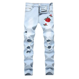 RNSHANGER sonbahar kırmızı gül işlemeli kot erkekler için rahat siyah mavi streç pantolon erkekler için moda Denim delik pantolon - Product Image 1