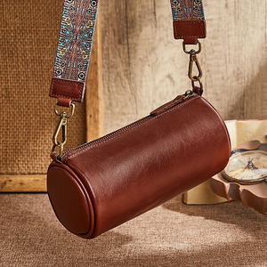 Mini bolso cilíndrico de hombro, capa superior de cuero de vaca, correa ancha, cierre de cremallera, estilo vintage, uso diario, verano 2024 - Product Image 1