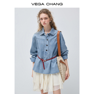 VEGA CHANG Camicia in denim casual da weekend, stile retrò, con maniche arrotolabili, vestibilità rilassata e oversize, in lyocell lavato, versatile per la primavera, con gonna abbinata - Product Image 4