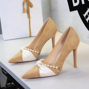Nuevos Zapatos de Tacón Alto Elegantes de Ante Sintético 2026 con Correa de Perlas y Lazo de Seda, Zapatos de Tacón de Aguja con Punta Fina para Boda y Fiesta Nupcial - Product Image 2