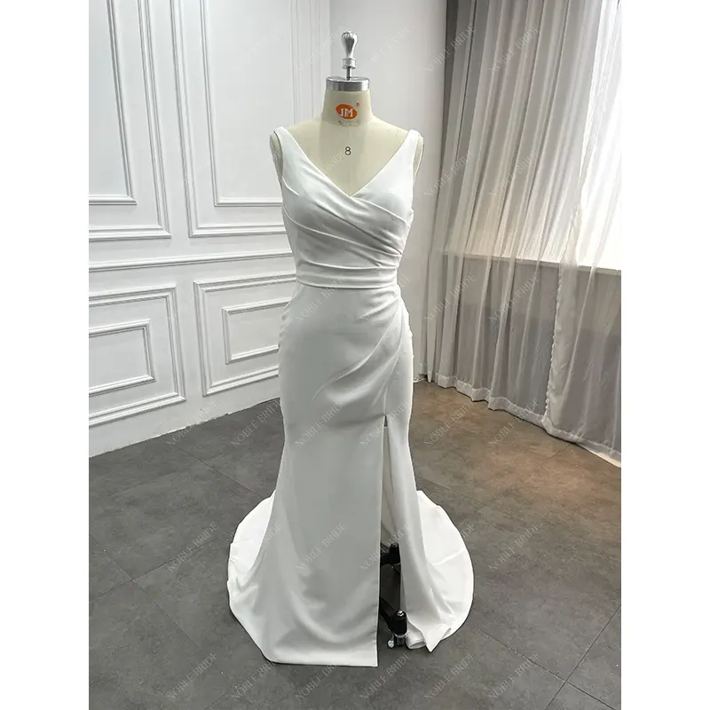Factory Modest Vintage Pleated Crepe Wedding Dress Slide Slit V Back Bridal Sheath Mermaid Trumpet Simple Gown for Civil Wedding