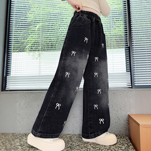 <span class=keywords><strong>Pantaloni</strong></span> in denim <span class=keywords><strong>neri</strong></span> da <span class=keywords><strong>bambina</strong></span> Guai Boutique, jeans a gamba larga con stampa a fiocco per neonate e bambine piccole - Product Image 2