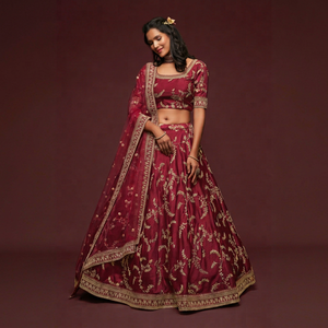 Burgundy Embroidered A-Line Floor-Length <b>Lehenga</b> Choli Set Silk Wedding Outfit Traditional Women Party Dress - Product Image 1