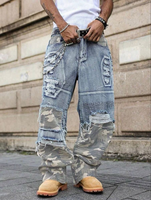 Custom Men Jeans Baggy Wide Leg Camo Patchwork Distressed Ripped Y2K Streetwear Denim Pants Manufacturer