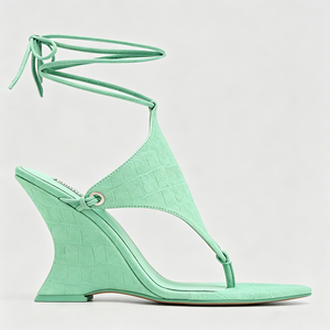 Sandalias Kingdi con tacón de cuña, color verde menta, con estampado de cocodrilo, punta abierta, correa en el tobillo, sin espalda, con cordones, para fiesta - Product Image 1