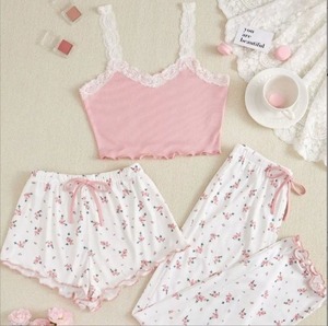 ชุดนอนลูกไม้สายเดี่ยวของผู้หญิงชุด3ชิ้นสำหรับฤดูร้อน - Product Image 4