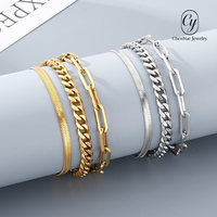 Ensemble de bracelets chaîne multi-styles en acier inoxydable, combinaison minimaliste chevrons et maillons cubains, bijoux de main unisexes, vente en gros