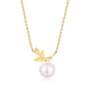 OEM ODM Luxury 14k Solid Yellow Gold Ball Pendant Leaf Designs Real Gold Freshwater Pearl Choker Necklace For Women Fine Jewelry