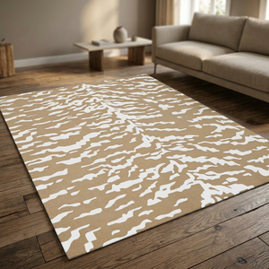 Tapis rectangulaire moderne en laine à imprimé animalier, beige et blanc, à poils plats, antidérapant, pour salon, avec envers en caoutchouc touffeté - Product Image 1