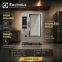 Four combiné électrique professionnel 20 GN 2/1 avec écran tactile, cuiseur vapeur intégré et chaudière 11,1 kW pour cuisine centralisée, hôtellerie et restauration