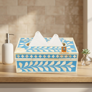 Boîte à mouchoirs vintage bleue et blanche à motifs floraux, faite à la main, écologique, avec incrustations en os, étanche - Fabriquée en Inde, exportateur en gros - Product Image 1