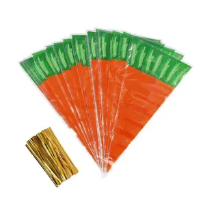 Tas Cellophane kerucut tas permen dengan dasi putar, tas makanan berbentuk kerucut bermotif wortel untuk hadiah pesta Natal Paskah