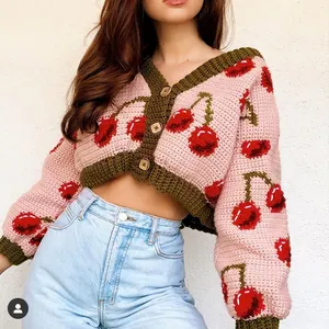 Custom Women Hand Knit Long Sleeve Loose Cherry Crop Cardigan Sweater Chunky Knit Crochet Cardigan Sweater Women