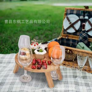 Wooden Round Folding <b>Table</b> Outdoor <b>Portable</b> <b>Picnic</b> <b>Table</b> Tripod Base Solid Wood Rustic Design - Product Image 2