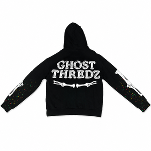 <span class=keywords><strong>Felpa</strong></span> Oversize <span class=keywords><strong>Nera</strong></span> <span class=keywords><strong>con</strong></span> Cappuccio da Uomo, Stampa Teschio e Grafica Toracica, Stile Streetwear, <span class=keywords><strong>con</strong></span> Maniche Effetto Osso e Schizzi di Vernice - Product Image 3