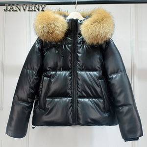 Jaket Kulit Imitasi Berkerudung Bulu Rakun Asli JANVENY Musim Dingin Wanita, Parka Tebal Tahan Air Berlapis Kapas Mengkilap, Mantel Kulit Imitasi - Product Image 2