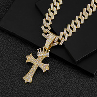 Grande chaîne cubaine glacée de 15mm avec alliage Hip Hop et collier pendentif croix couronne en strass bling