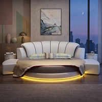 Lit d'hôtel rond moderne King Size avec design modulaire, revêtement en cuir PU, éclairage LED intégré et cadre en bois