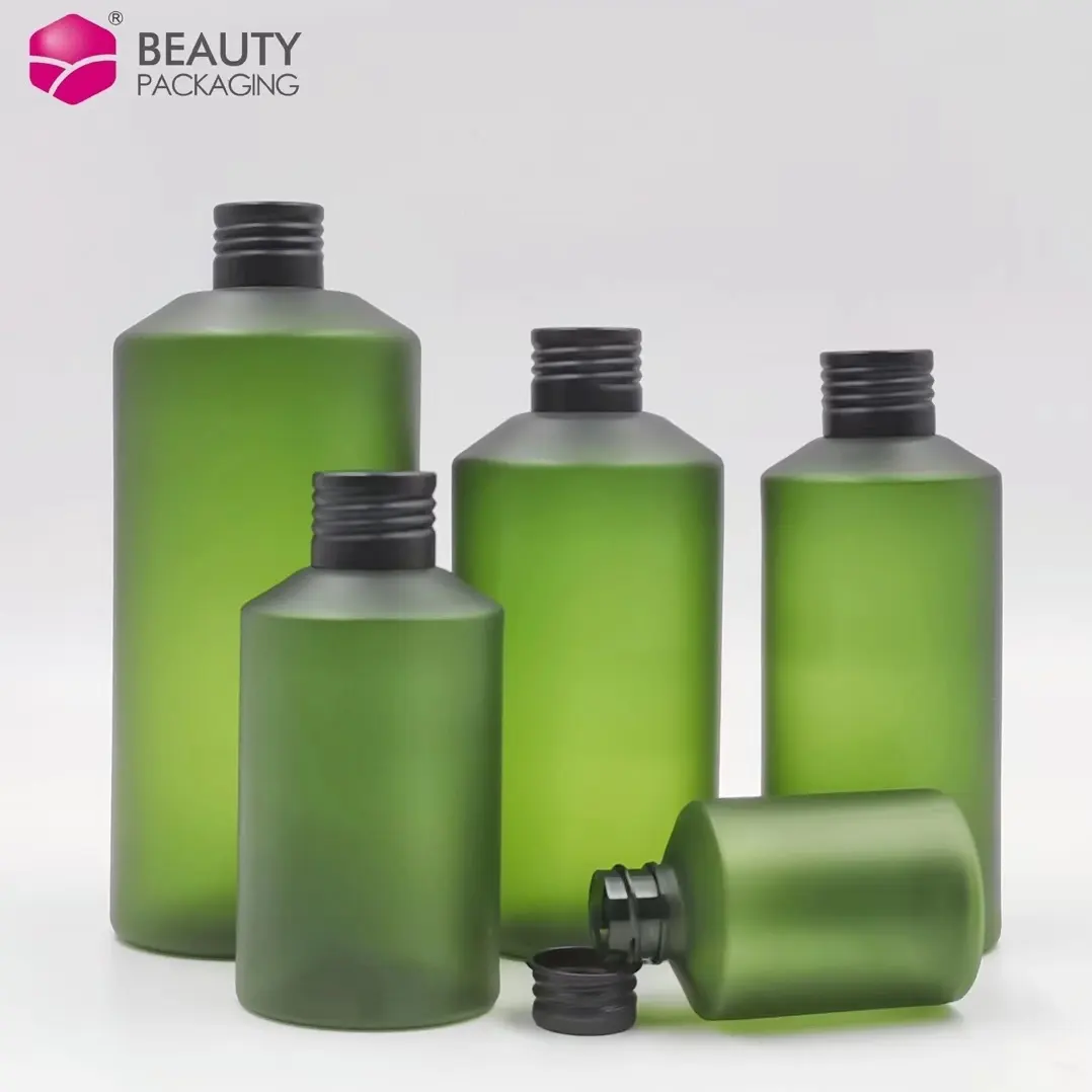 High Quality 30ml-500ml Sloping Shoulder Matt Dark Green Pet Plastic Toner Bottle With Black Aluminum Cap