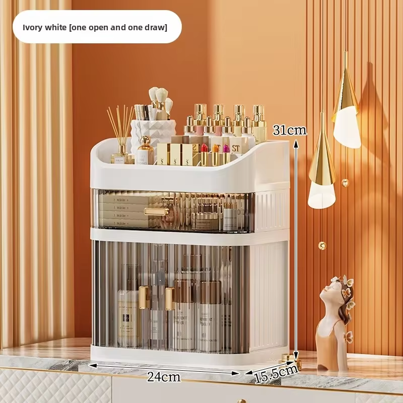 Cosmetic storage box three layers with drawer-ivory white