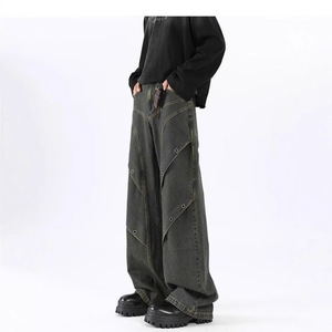 Jean large rétro bleu en denim tissé pour homme – Hiver, style urbain, taille mi-haute, respirant, séchage rapide, délavé, effet vieilli, <span class=keywords><strong>rivets</strong></span> - Product Image 3