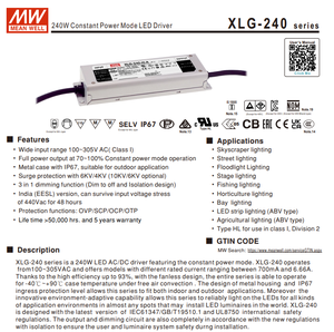 MEAN WELL XLG-240-M-A 240W 1400‑2100mA ปรับได้ 90‑171V ไดร์เวอร์ LED กำลังไฟคงที่ AC100‑305Vac IP67 กันน้ำ - Product Image 2