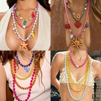Lot de 4 colliers superposés style océan, pendentif coquillage, collier bohème perlé coloré, collier ras-du-cou fleuri, bijoux de plage