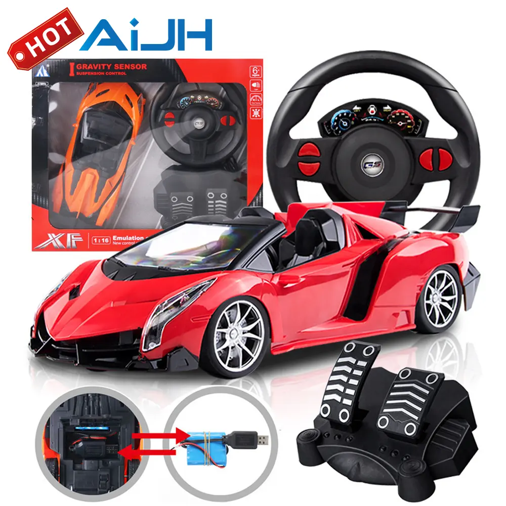 AiJH Voiture télécommandée avec lumières LED Pédales et volant Juguete Carros A Control Remoto Coches RC Car Toys