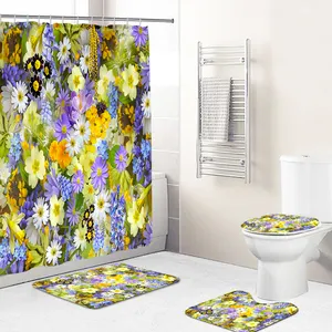 custom any blue flower design logo Shower Curtains with Bath rugs Non-slip Soft Toilet Lid Cover for Bathroom