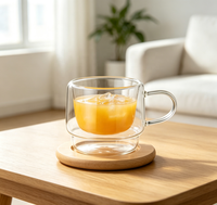 Mug en verre borosilicate à double paroi, large et court, avec poignée, tasse à café isolée transparente pour la maison, le bureau, le thé, le latte