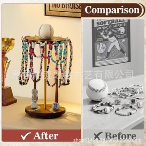 Wooden rotating champion ring storage rack, necklace and bracelet <b>desktop</b> jewelry rack, baseball collection display rack - Product Image 5