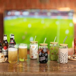 Drinking Glasses <b>with</b> Bamboo <b>Lids</b> and Glass Straw Can Shaped Glass <b>Cups</b> Beer Glasses Cute Tumbler <b>Cup</b> - Product Image 5