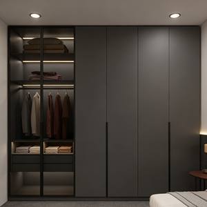 Armario de Dormitorio BALOM Hecho a Medida, Paneles de Tono Oscuro y Puerta Corredera de Vidrio Esmerilado, Sistema de Guardarropa de Lujo con Iluminación LED Integrada - Product Image 2