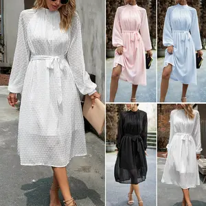 A451 Elegante Lange Mouw Sexy Dames Mode Hawaiian Chiffon Maxi Jurk Met Mouwen Hoge O-hals Zwierige Swing Jurk Voor De Herfst