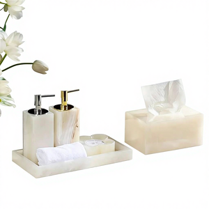 Ensemble d'accessoires de salle de bain en marbre écologique moderne Stonekocc, quatre pièces, distributeur de savon, boîte à mouchoirs, plateau, décoration d'hôtel et de maison, en stock - Product Image 4