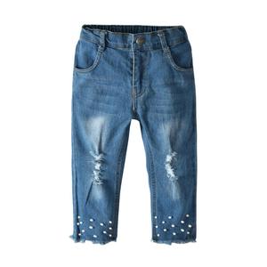 Conjunto de Ropa Infantil para Primavera/Verano, Estilo Europeo y Americano, Blusa Blanca de Encaje con Manga Corta y Pantalones Vaqueros con Perlas - Product Image 5