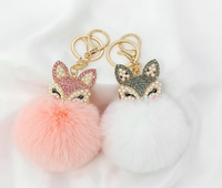 Porte-clés en peluche avec pompon en fourrure de lapin, tête de renard en strass et perles, style anime mignon, accessoires pour sac à main pour femme