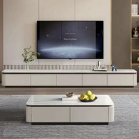 Ensemble Meuble TV et Table Basse en Bois Massif et Pierre Microcristalline, Style Luxe Moderne, avec Rangement – Meubles de Salon Multi-Tailles