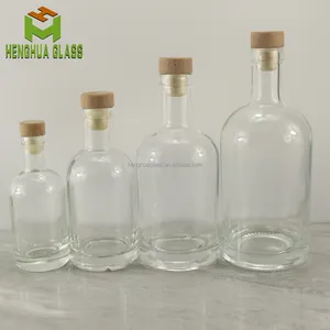 Nordic botol kaca flint bening vodka 100ml 200ml 375ml 500ml bulat alkohol gin minuman keras rum wadah botol dengan gabus