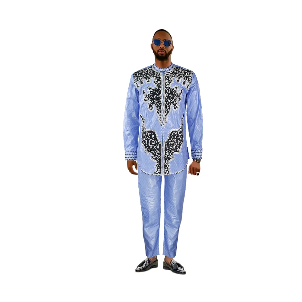 H & D الأزياء نمط بازان الأفريقي الرجال طويلة الثراء بازان الملابس التقليدية مجموعة الشهيرة زي 2 قطعة مجموعة