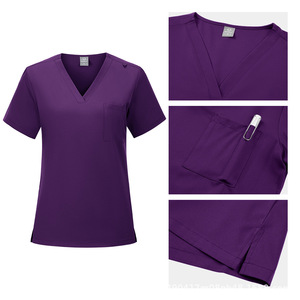 Women's Scrub Set Short Sleeve V Neck Top With Pocket Jogger Pants Hospital Uniform Moisture Wicking Split Set - Product Image 2