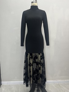 <span class=keywords><strong>Robe</strong></span> longue élégante <span class=keywords><strong>noire</strong></span> vintage à <span class=keywords><strong>col</strong></span> montant, tricot floral, manches longues en maille, <span class=keywords><strong>robe</strong></span> de soirée pour le printemps et l'été - Product Image 4