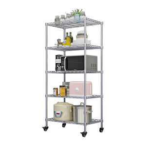 יחידת מדפים כבדה בעלת 5 מדפים עם גלגלים, מדפי תיל מתכווננים מפלדה, מארגן מדפים ממתכת כרום למטבח - Product Image 5