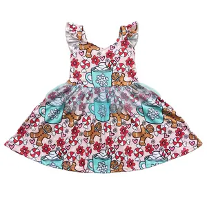 RTS Baby Girls Wholesale Christmas Red Straps Sleeve Soft Knee Length Round Neck Gingerbread Cups Boutique Dresses