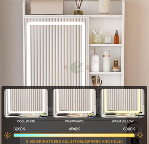 Petit coiffeuse moderne avec miroir LED réglable, prises de courant intégrées, rangements, tabouret, tiroirs et étagères pour chambre à coucher - Product Image 5