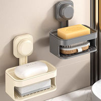 Support mural de salle de bain sans perçage pour savon en barre, double couche, avec porte-brosse de douche et porte-éponge à ventouse